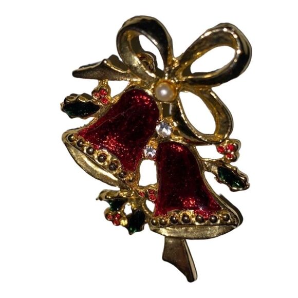 Vintage Holiday Christmas Red & Green Enamel Bells & Holly Gold Tone Brooch Pin - Picture 2 of 6